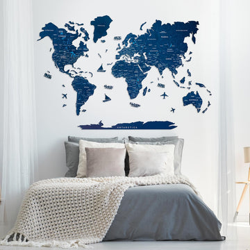 Wooden World Map Navy Blue