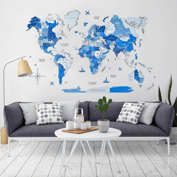 3D Wooden World Map Azure