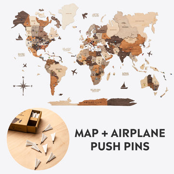 Bundle: Wooden Map and Airplanes Pins