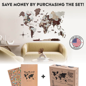 Travel Wall Decor Set: 3D Wooden Colored Map with Flag Pins