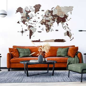 3D Wooden World Map Cappuccino (for US only)