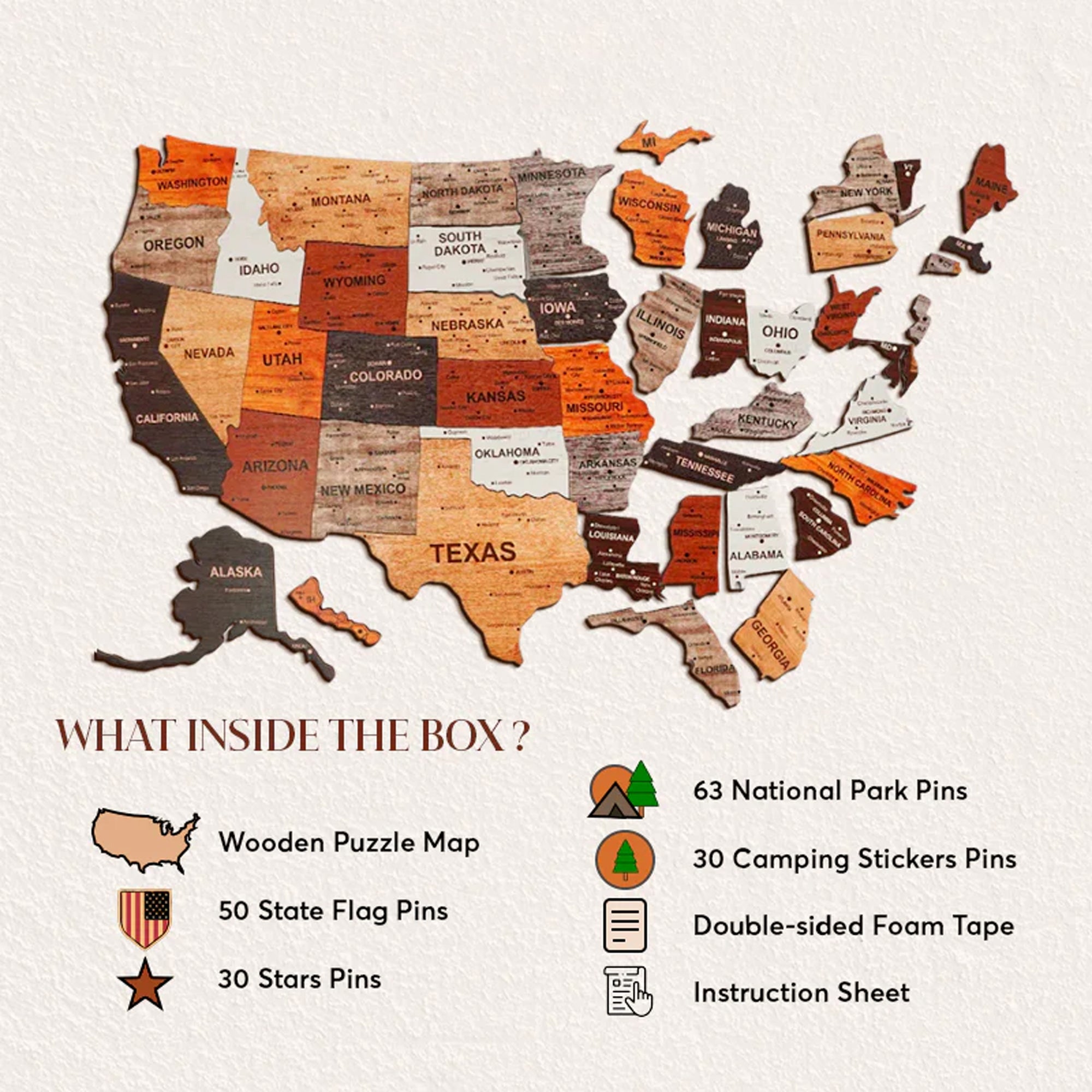 3D United States Wooden Map Puzzle Made in the USA — by American artisans in Dallas, TX