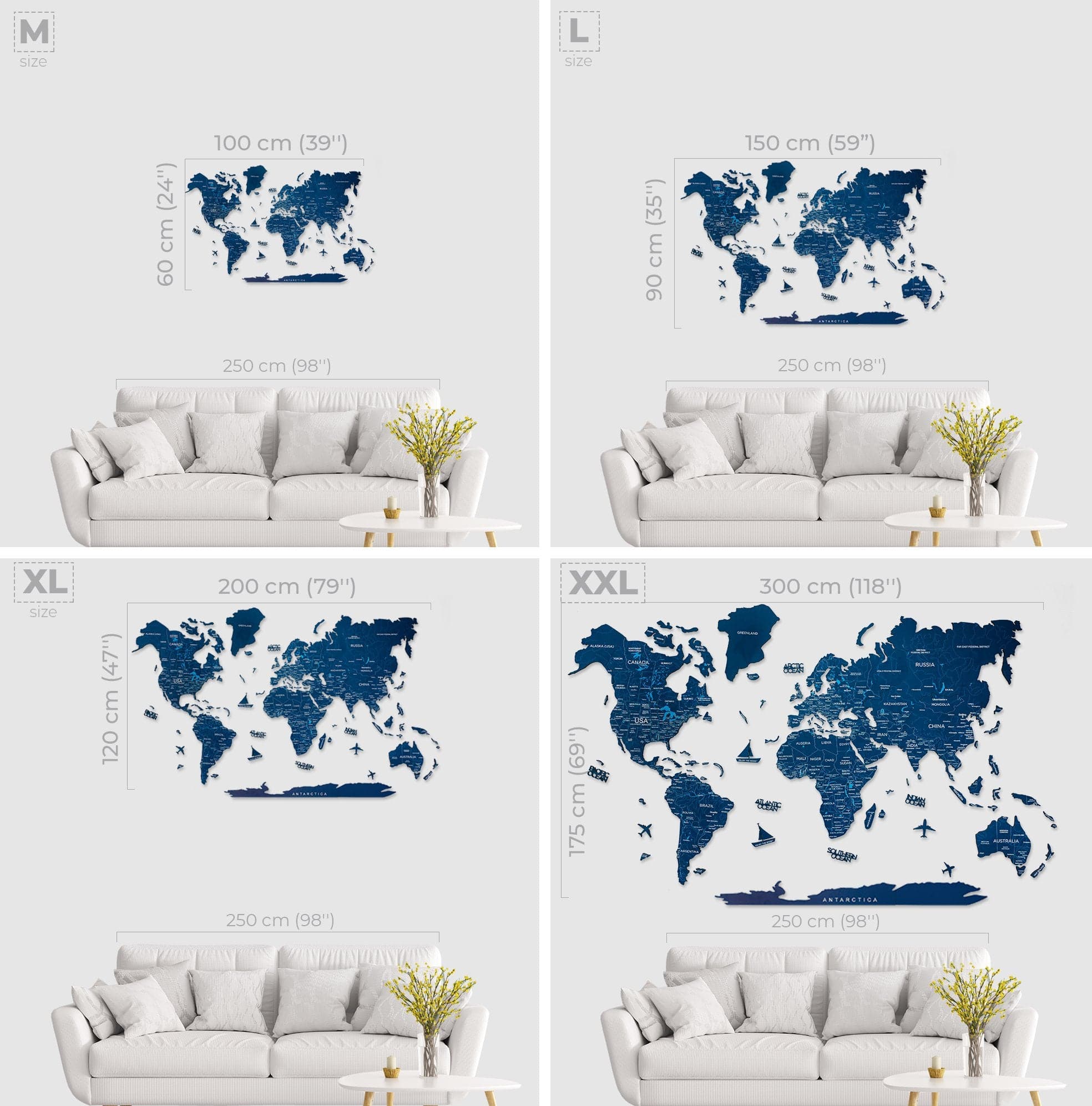 Wooden World Map Navy Blue