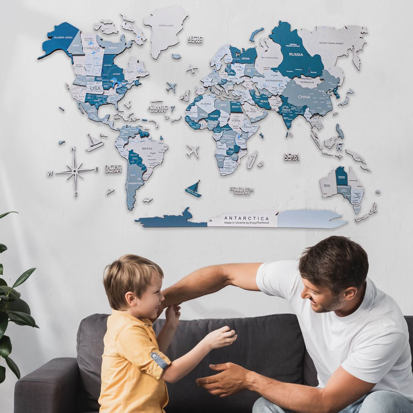 3D Luminous/Magnetic Colored Wooden World Map Aqua