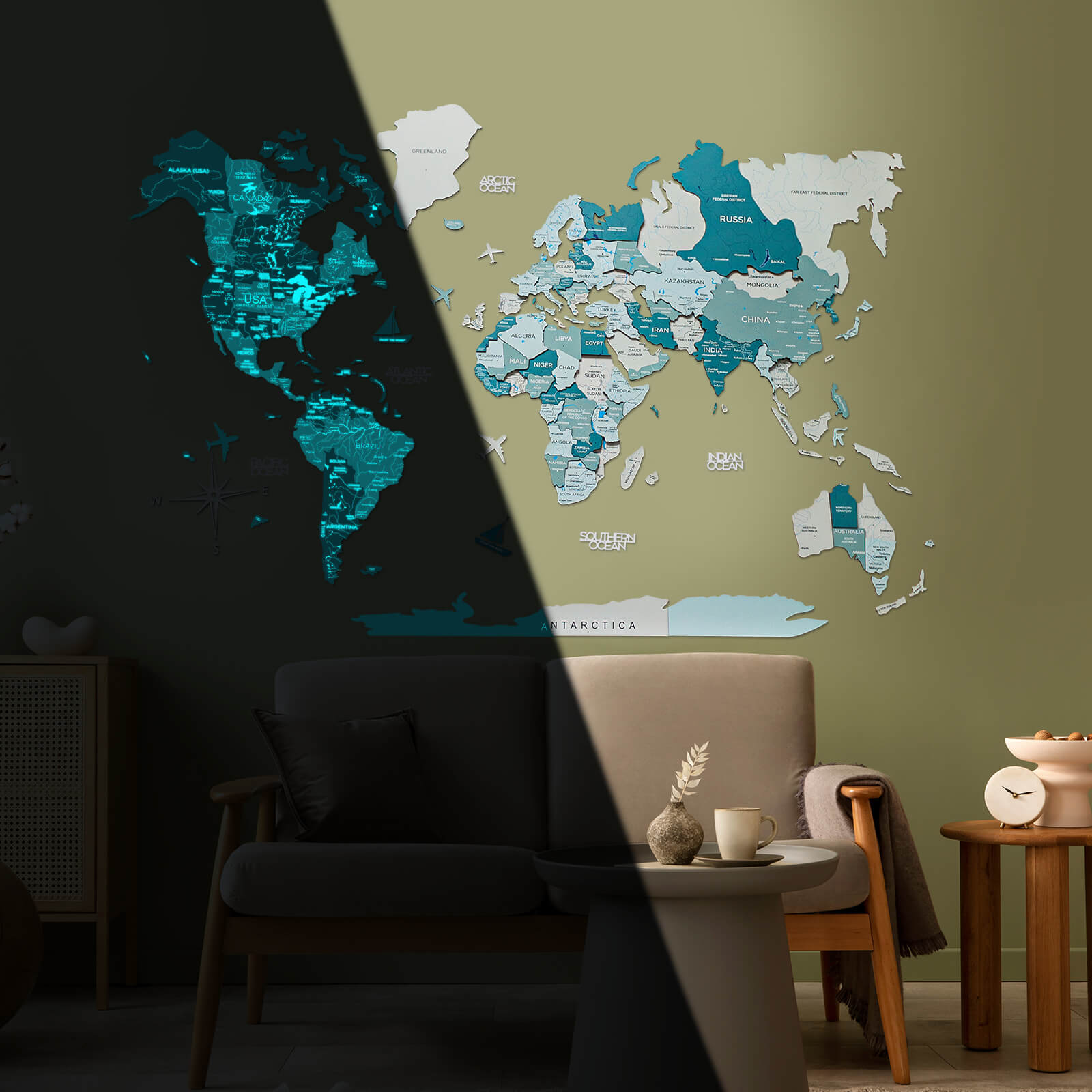 3D Luminous/Magnetic Colored Wooden World Map Aqua