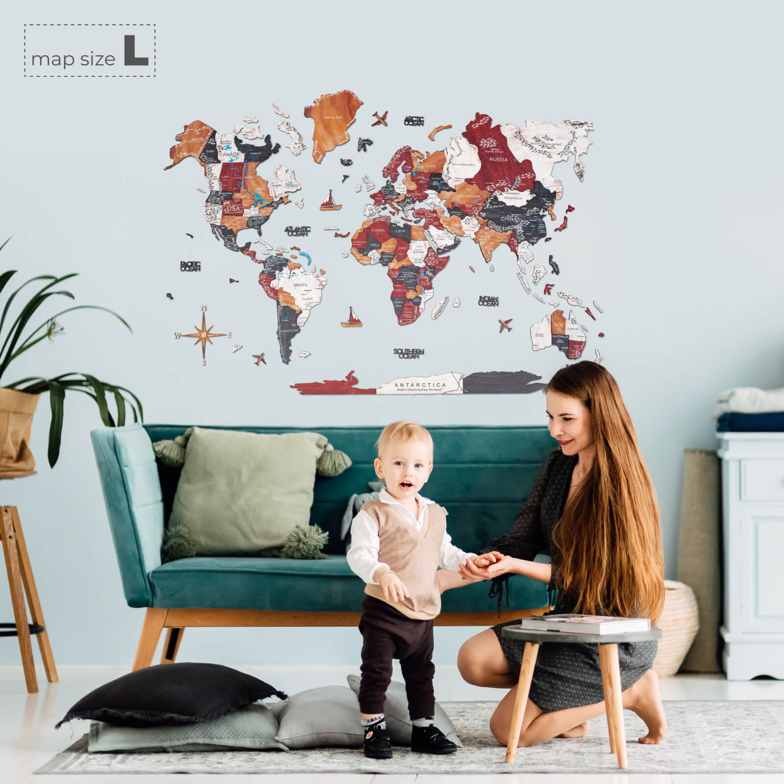 3D Wooden World Map Onyx