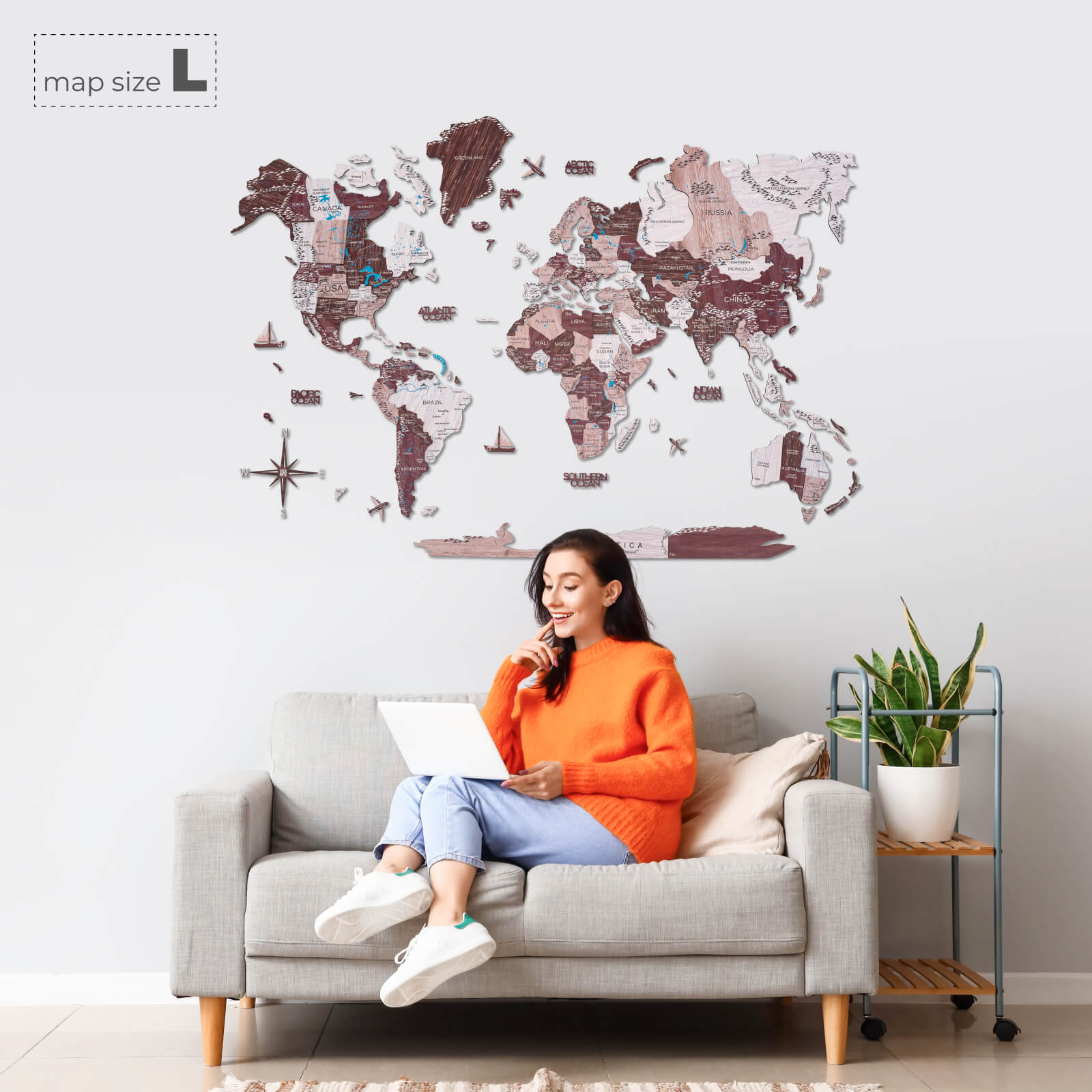 3D Wooden World Map Cappuccino