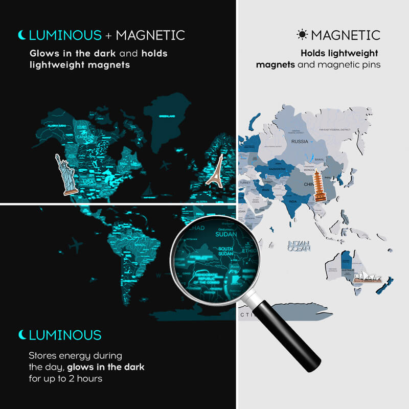 3D Luminous/Magnetic Colored Wooden World Map Aqua