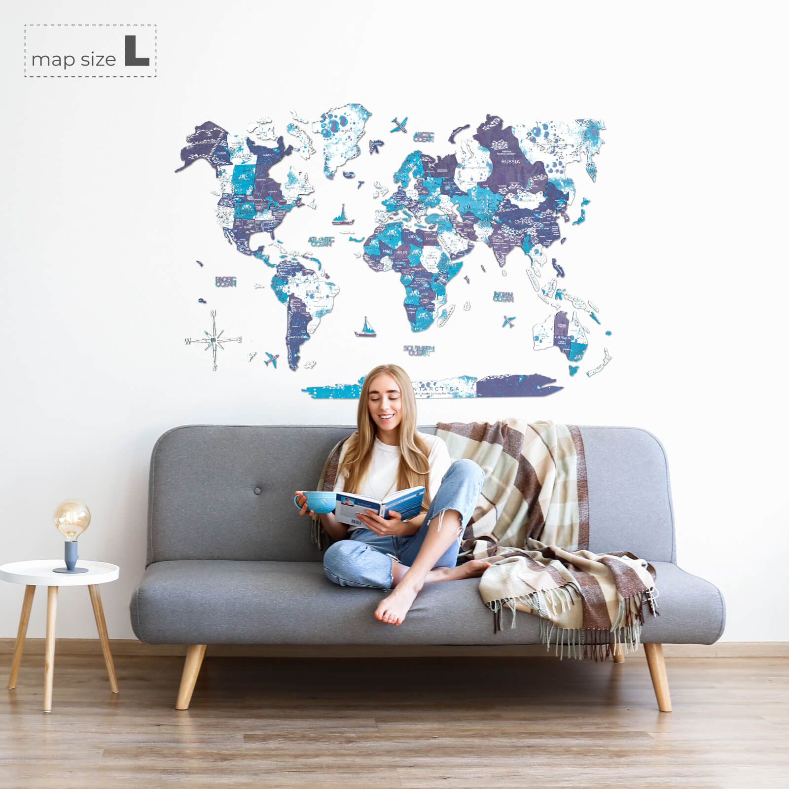 3D Wooden World Map Ocean