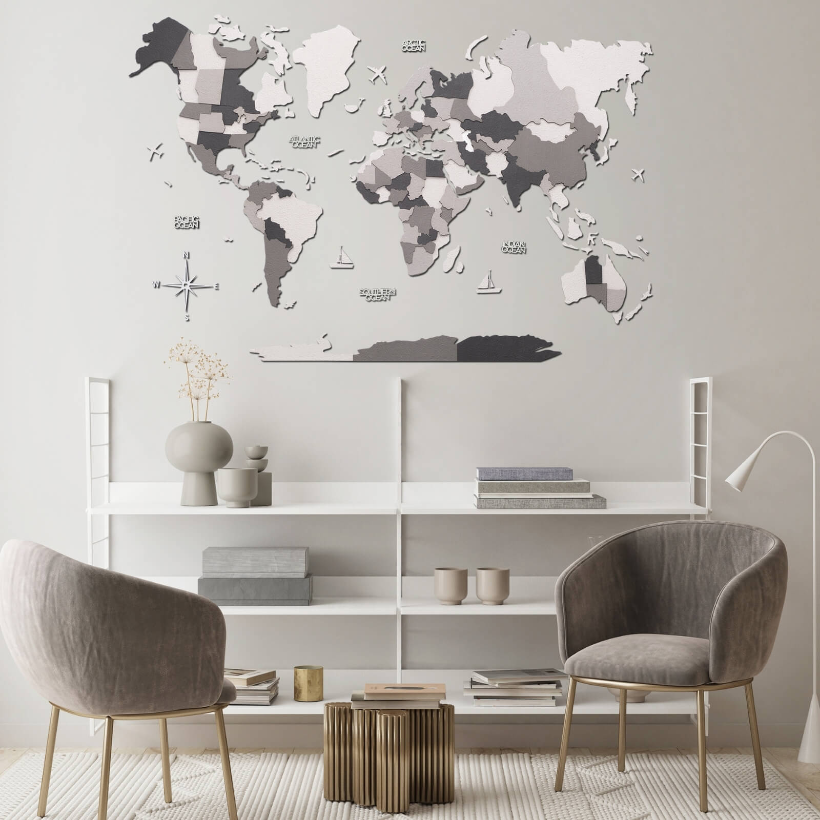 3D Wooden World Map Concrete