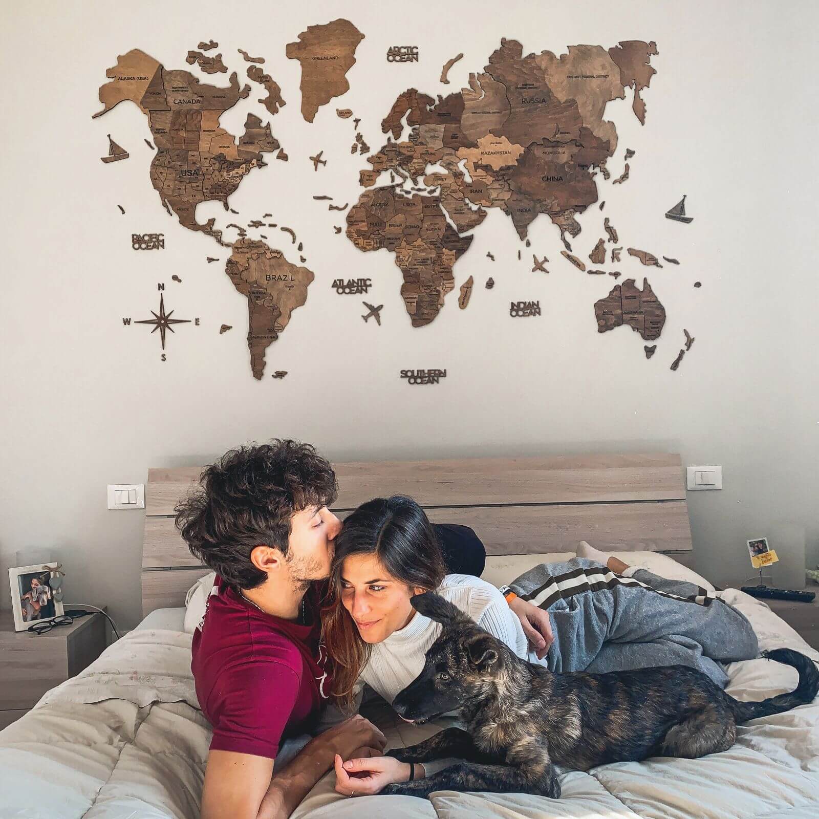 Wall Decor Bundle: 3D Wooden World Map with Flag Pins