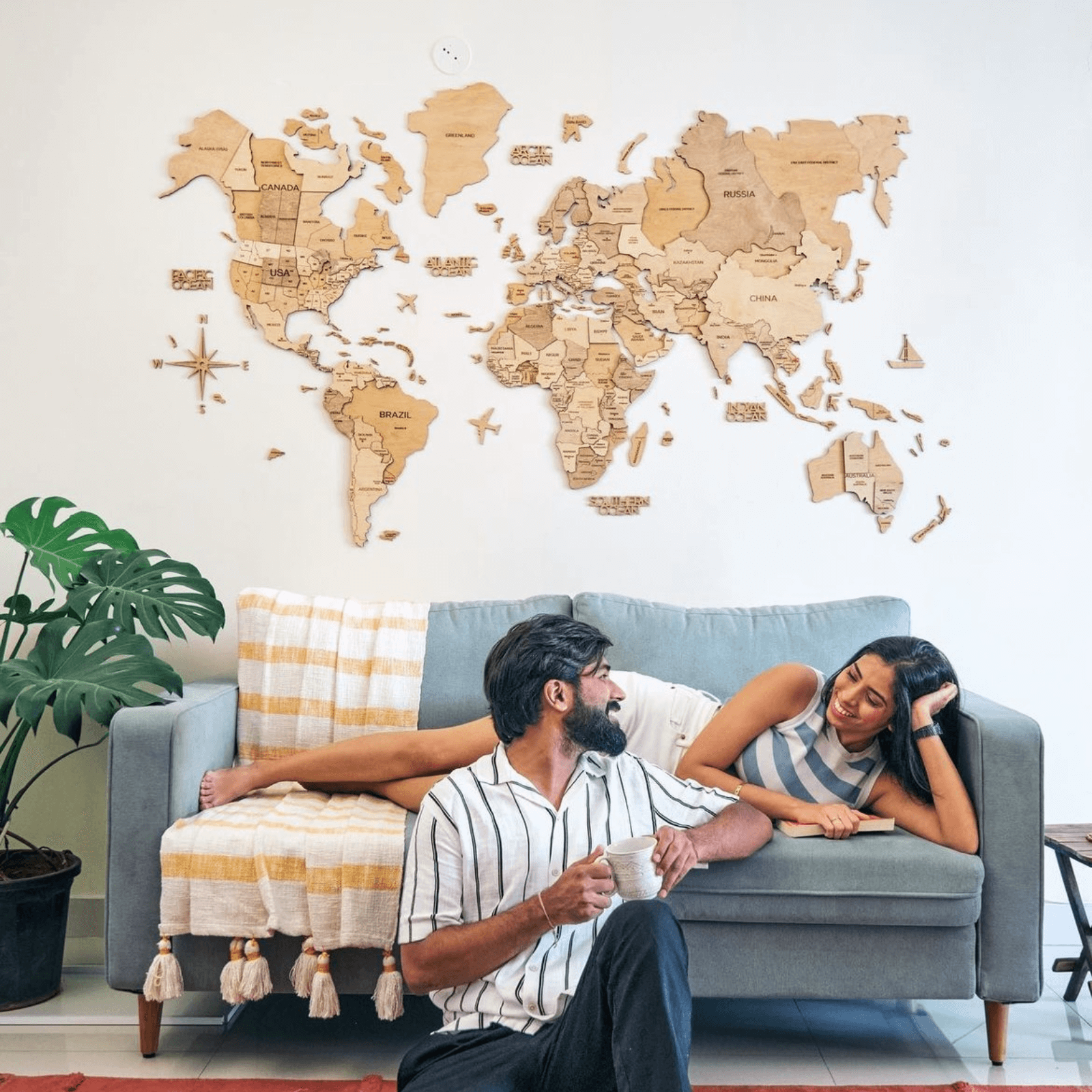 Wall Decor Bundle: 3D Wooden World Map with Flag Pins