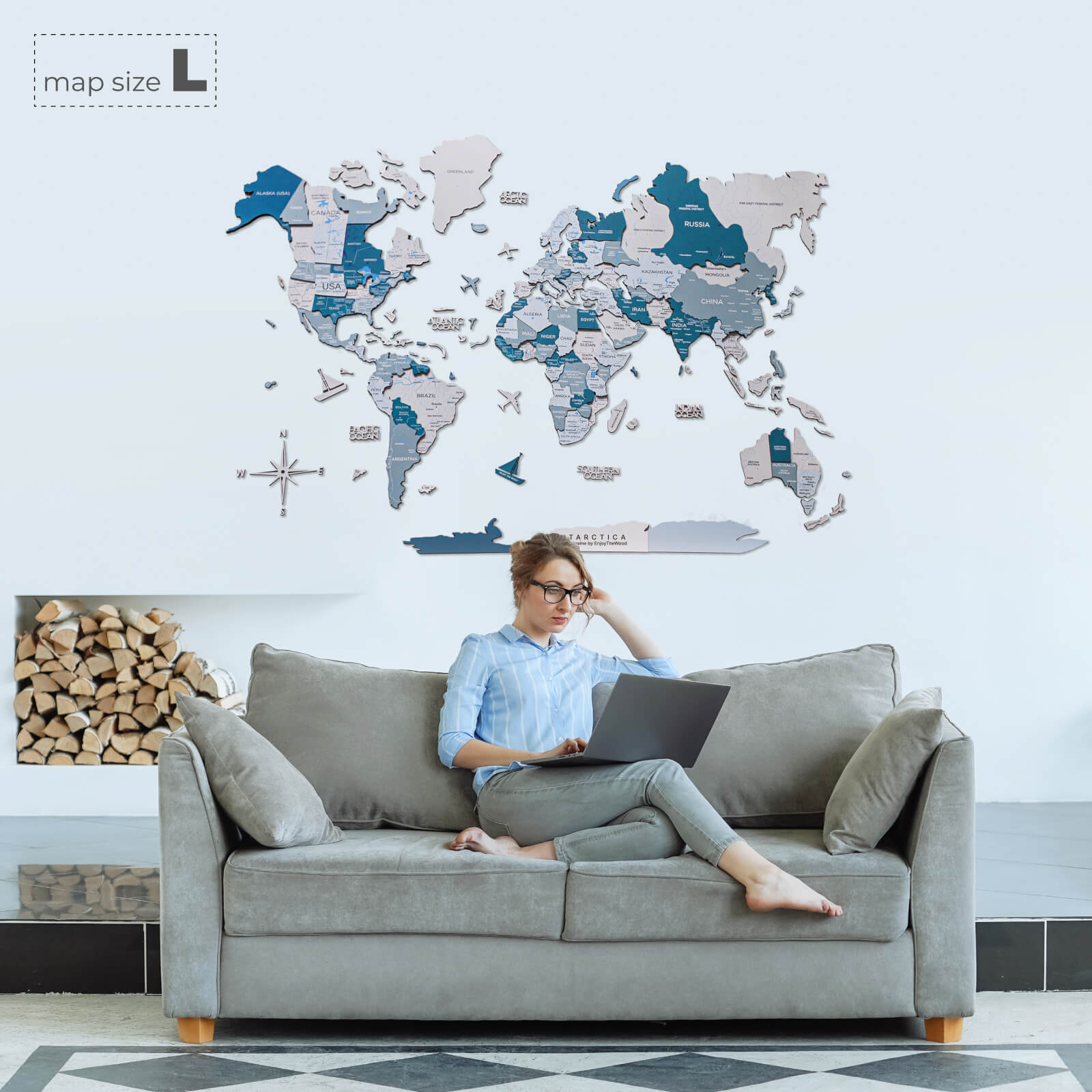 3D Wooden World Map Aqua
