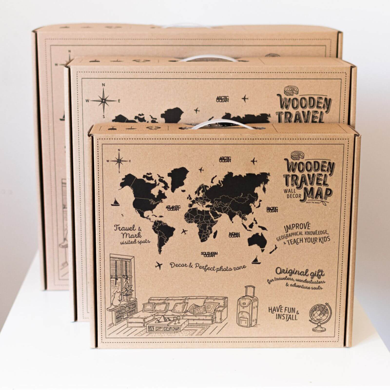 3D Wooden World Map Azure