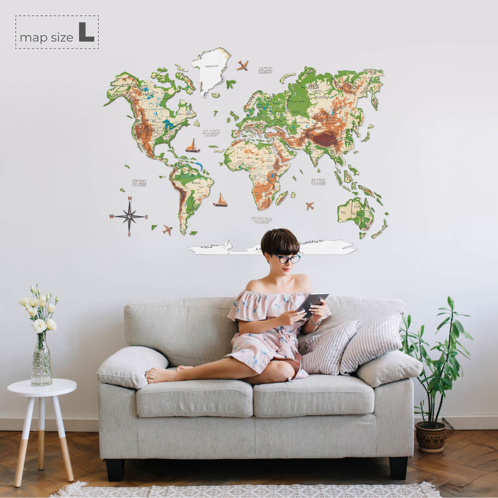 3D Luminous/Magnetic Colored Wooden World Map Physical