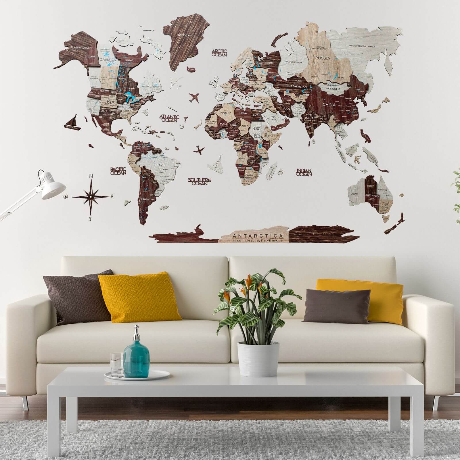 3D Luminous/Magnetic Colored Wooden World Map Cappuccino