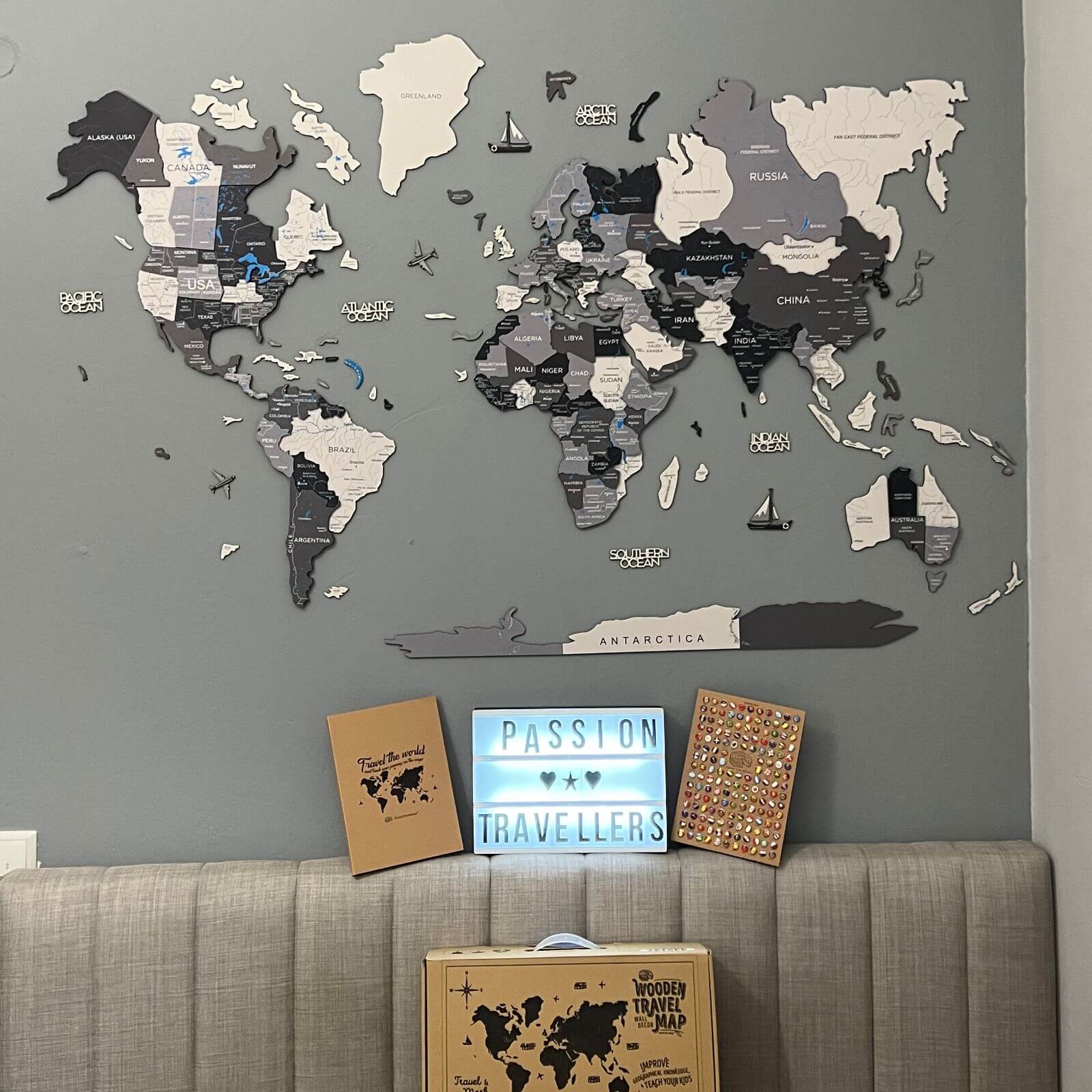 Travel Wall Decor Set: 3D Wooden Colored Map with Flag Pins