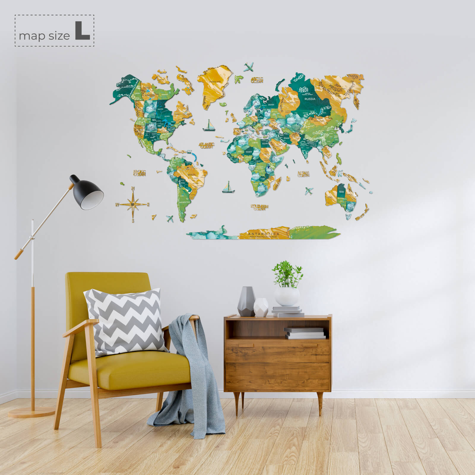 3D Wooden World Map Surface