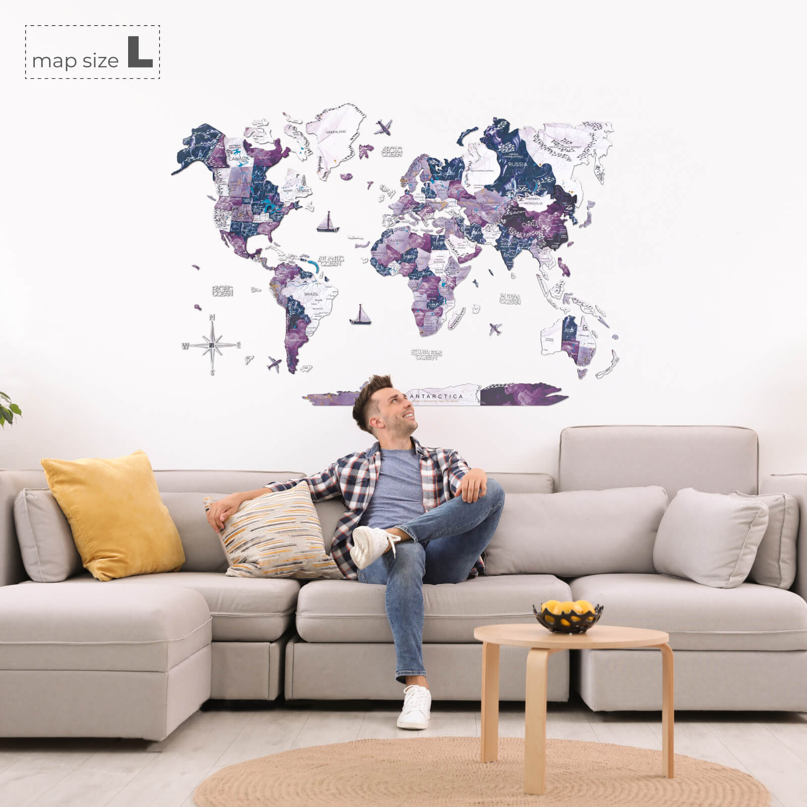 3D Wooden World Map Milky Way