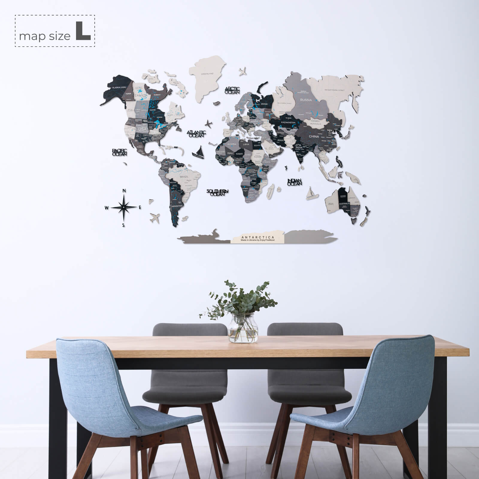 Travel Wall Decor Set: 3D Wooden Colored Map with Flag Pins