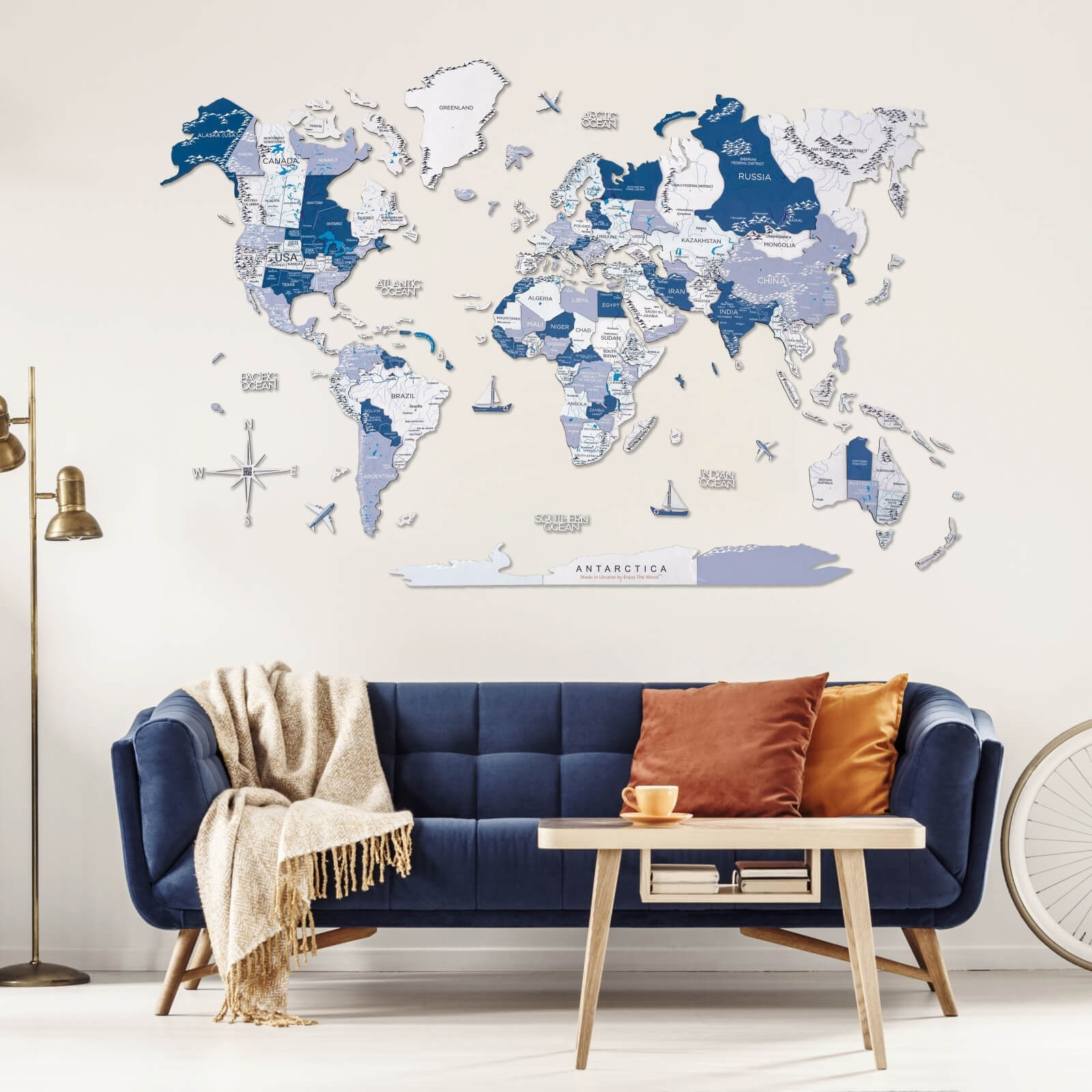 3D Wooden World Map Aqua
