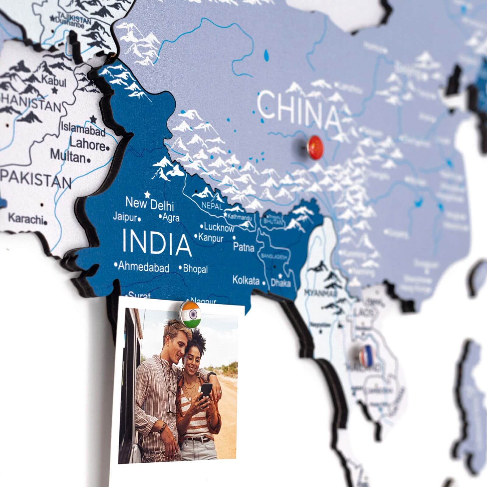 3D Wooden World Map Aqua