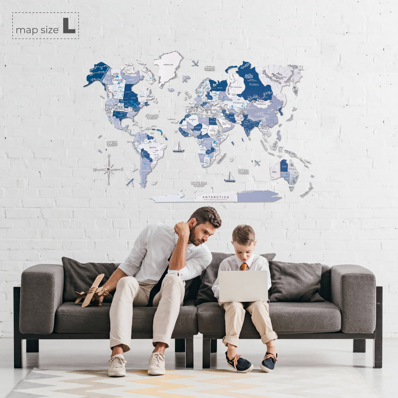 3D Wooden World Map Aqua