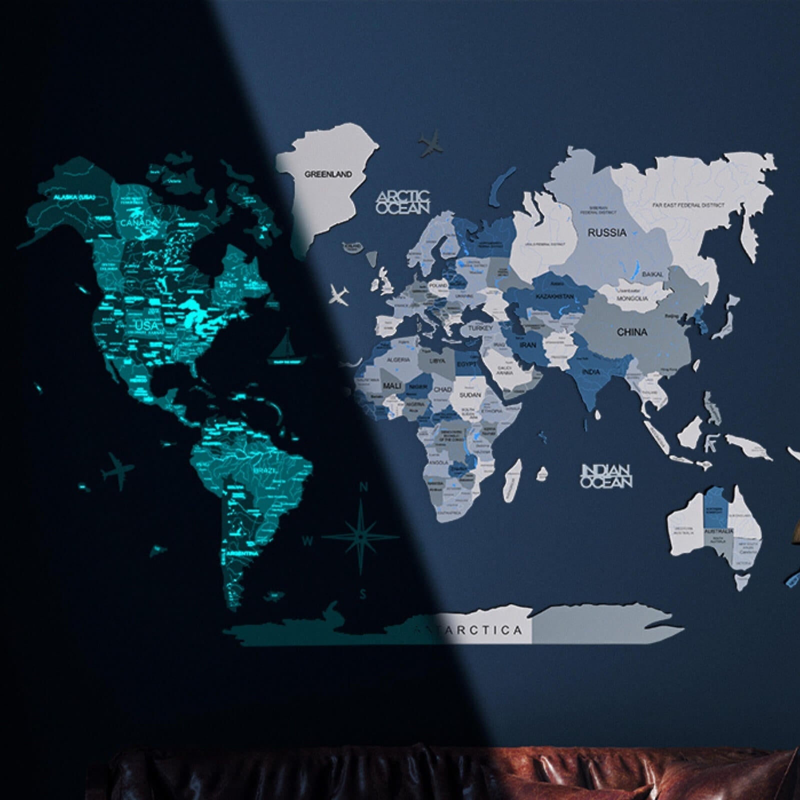 3D Luminous/Magnetic Colored Wooden World Map Aqua