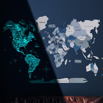 3D Luminous/Magnetic Colored Wooden World Map Aqua