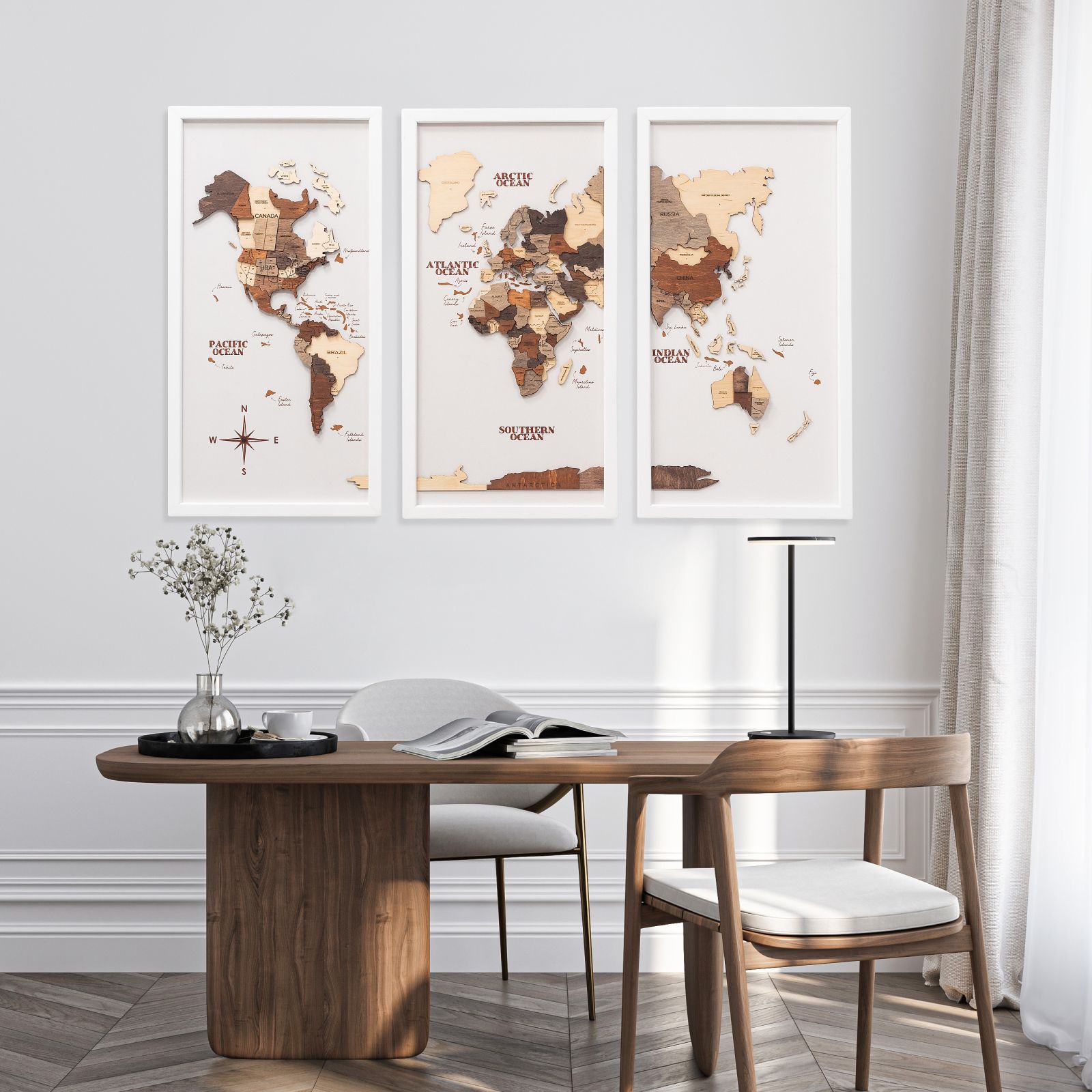 3D Wooden Triptych World Map Multicolor