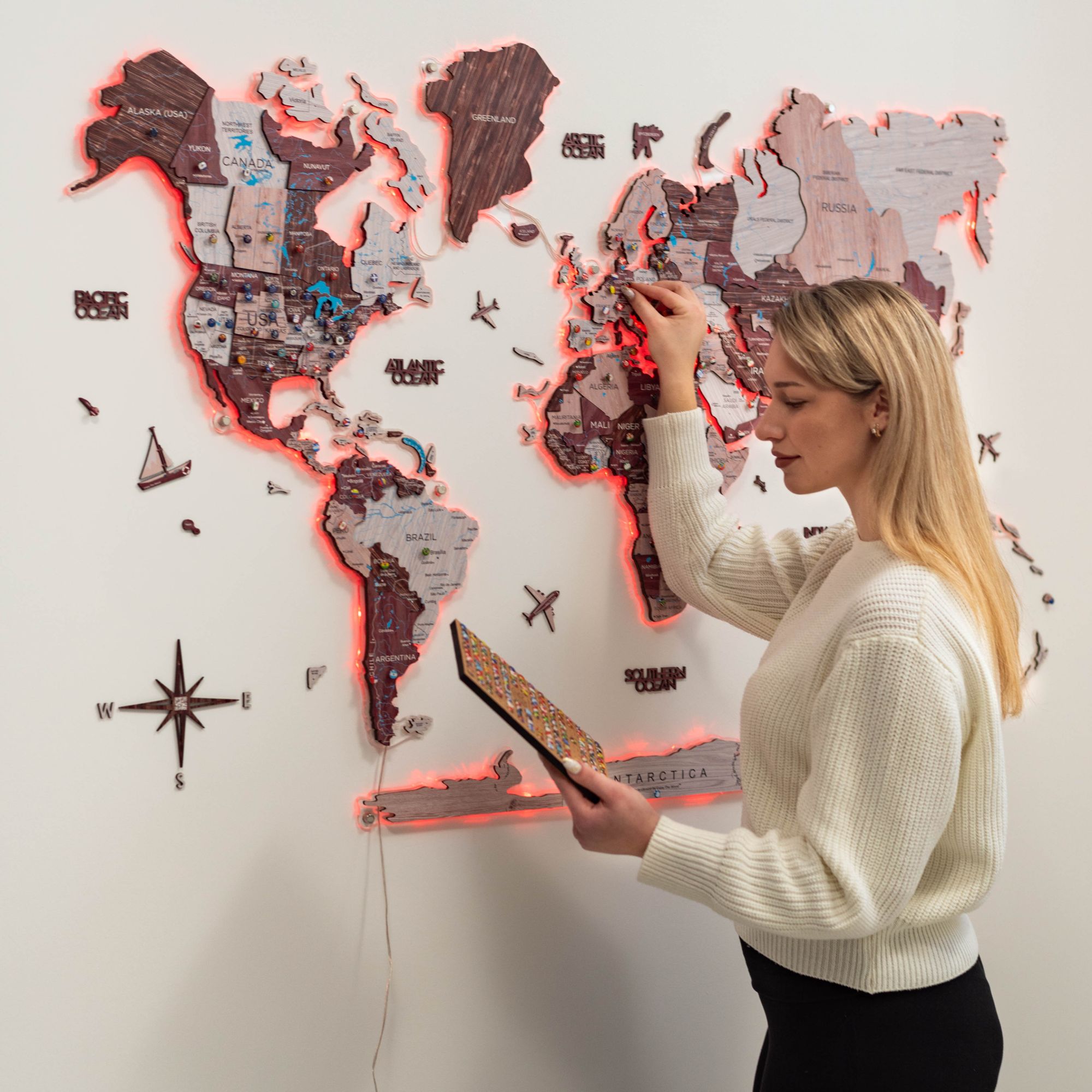 3D LUMINOUS LED Wooden World Map 2.0 Cappuccino