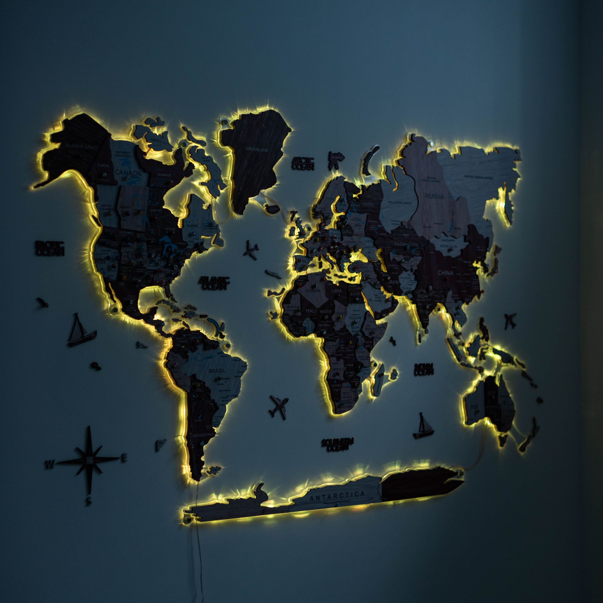 3D LUMINOUS LED Wooden World Map 2.0 Cappuccino