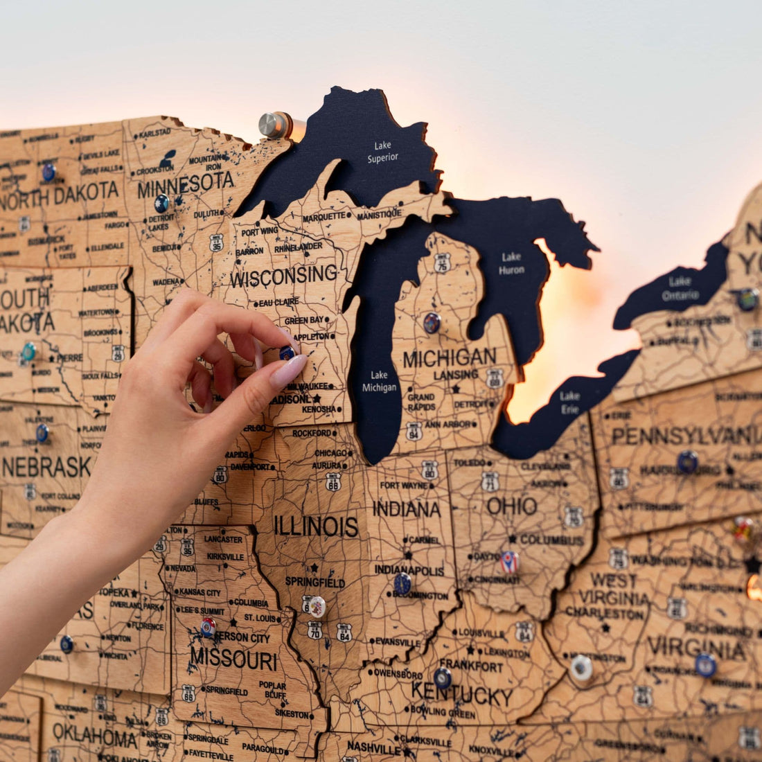 Wooden 3d LED Map of USA  - Gold