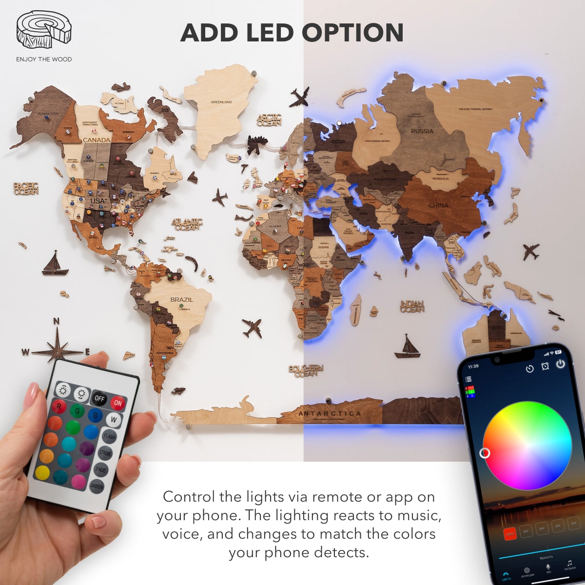 3D LED / LUMINOUS Wooden World Map 3.0 Duna