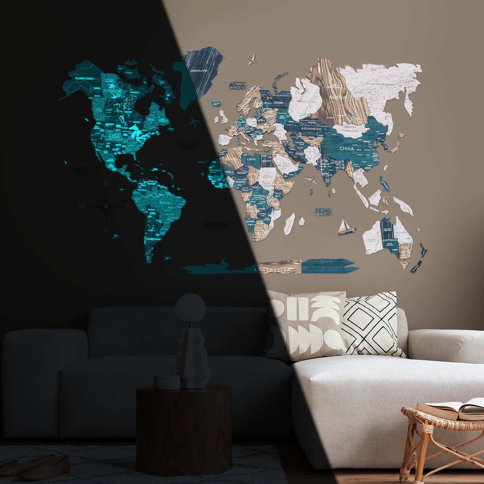 3D Luminous/Magnetic Colored Wooden World Map Mystery