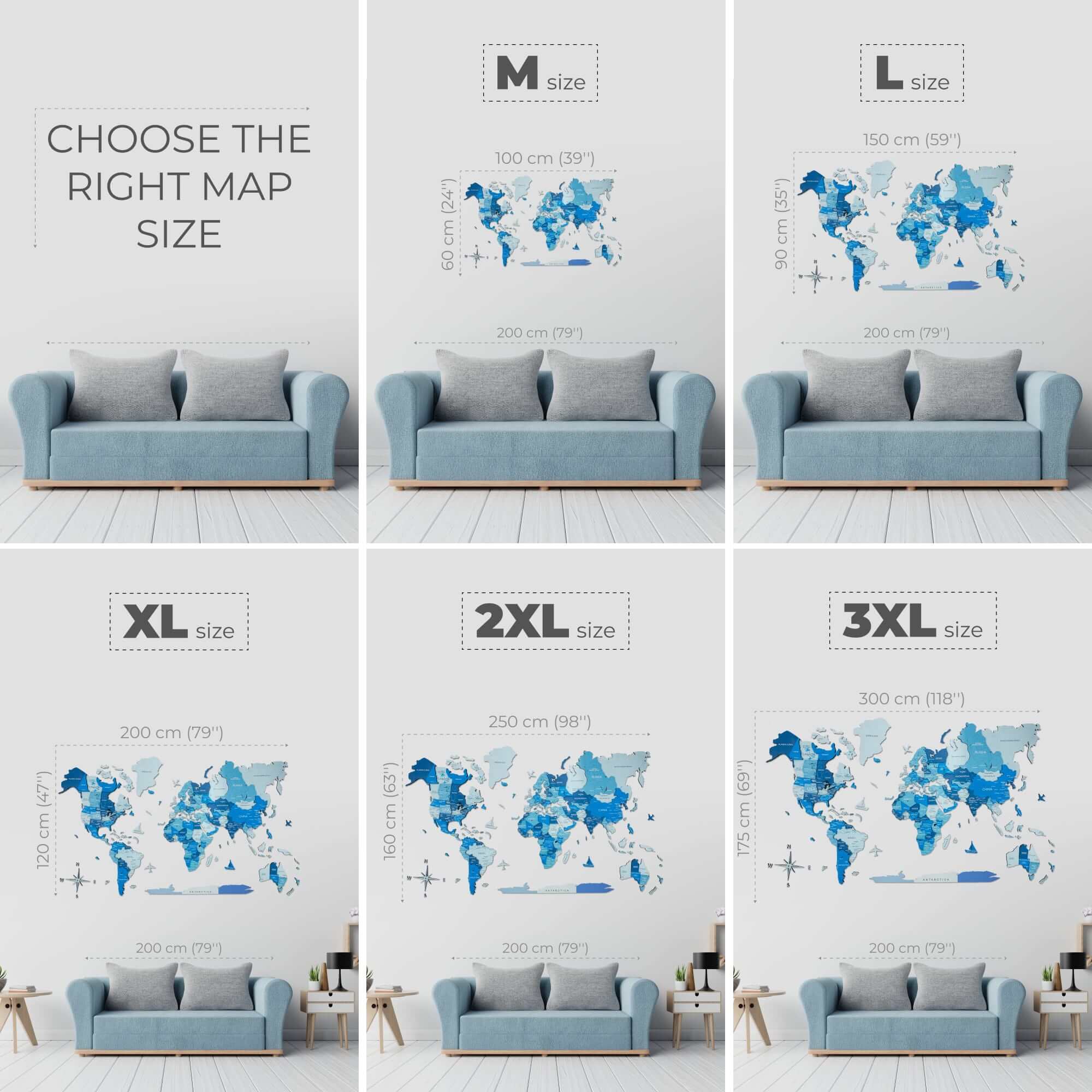 3D Luminous/Magnetic Colored Wooden World Map Azure