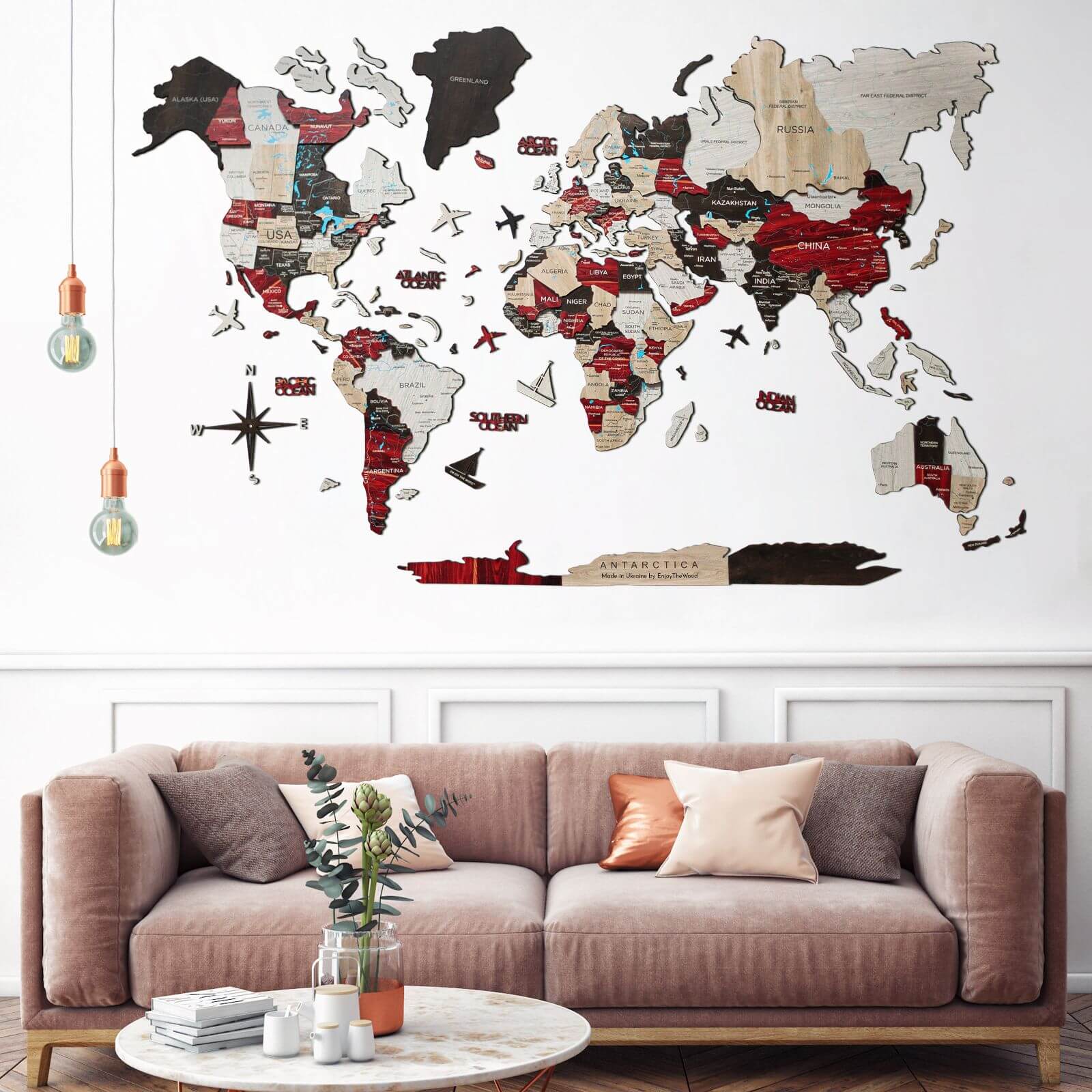 3D Luminous/Magnetic Colored Wooden World Map Urban