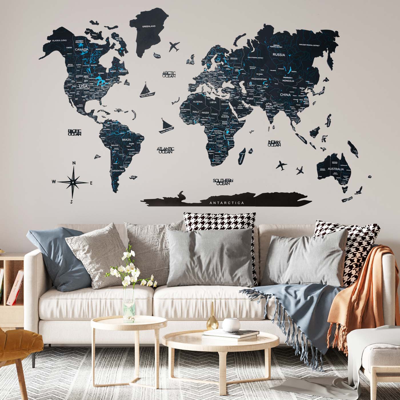 Wooden World Map Black