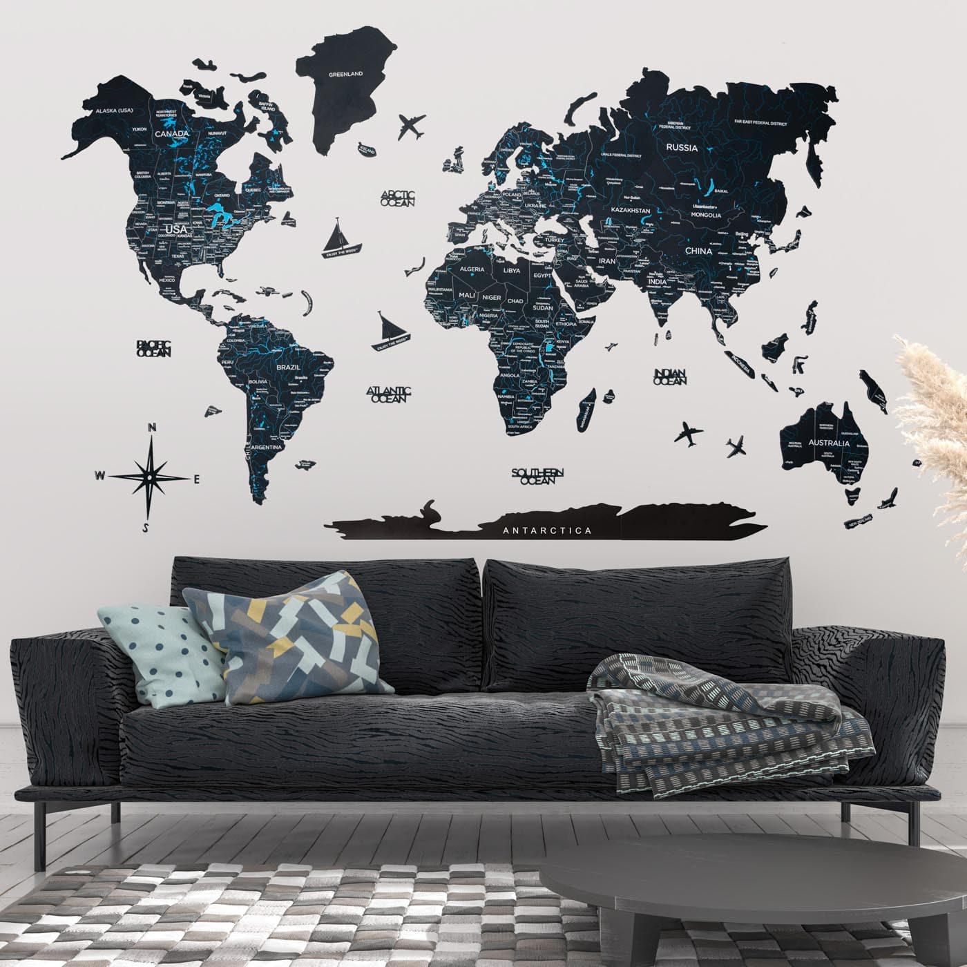Wooden World Map Navy Blue