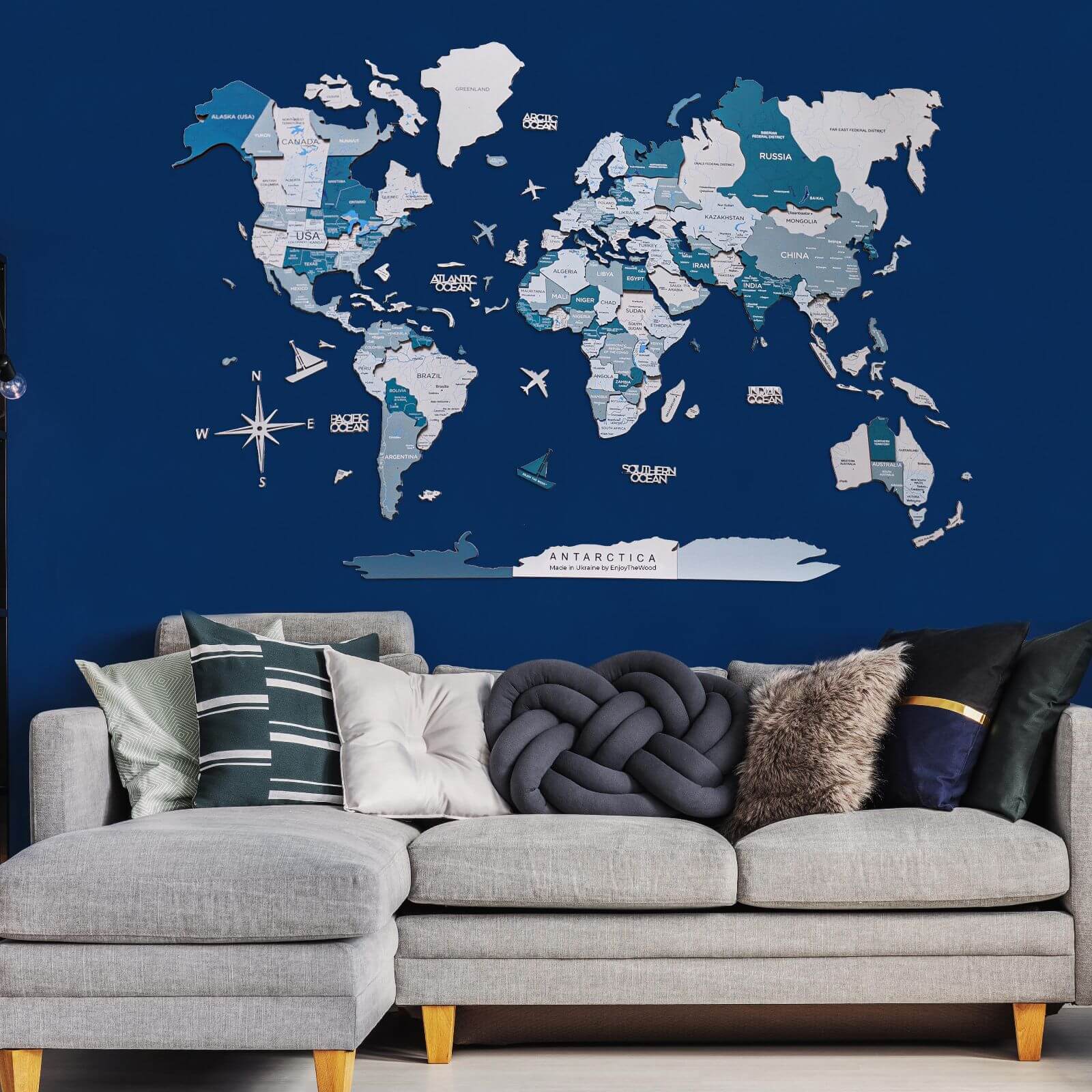 3D Luminous/Magnetic Colored Wooden World Map Aqua