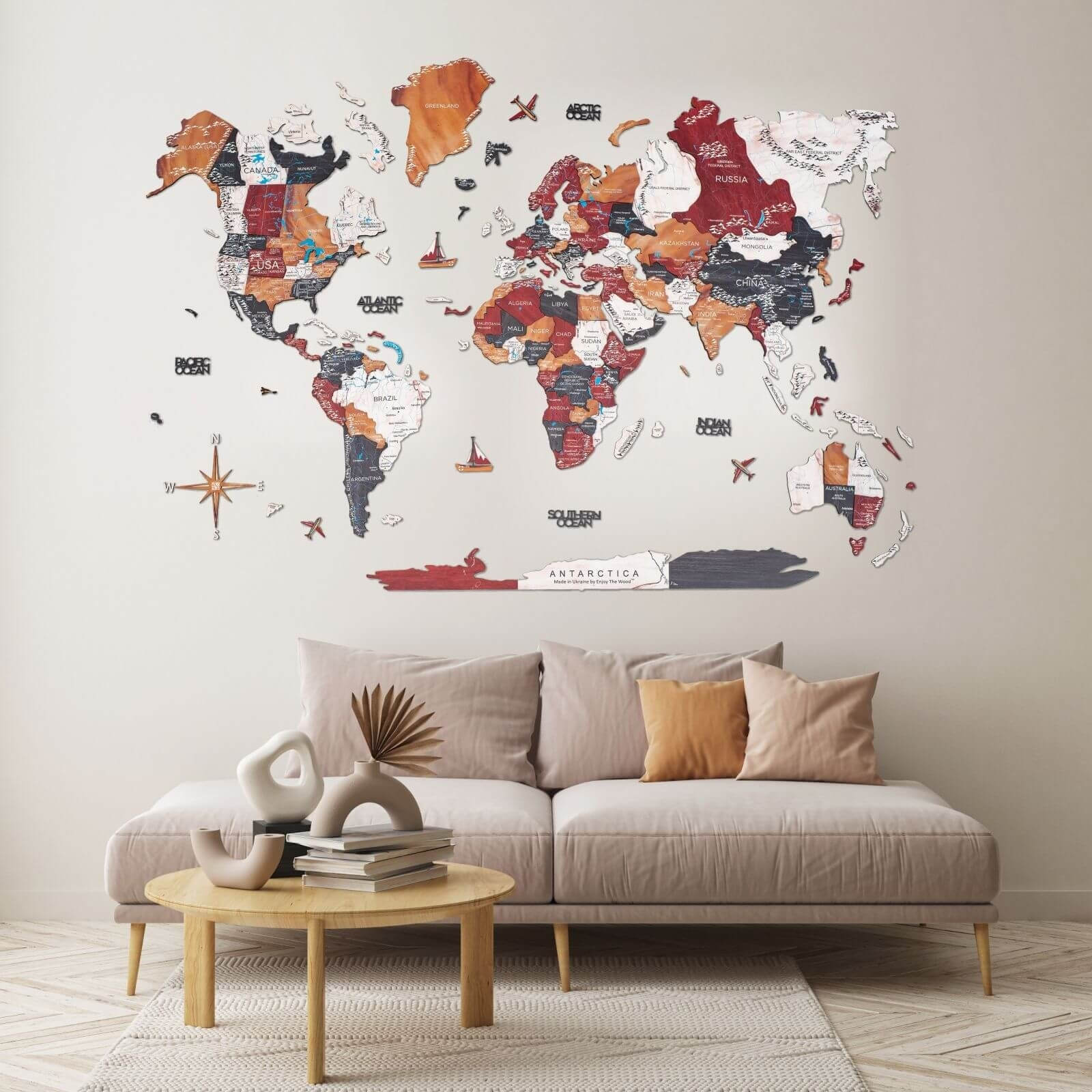 3D Wooden World Map Onyx