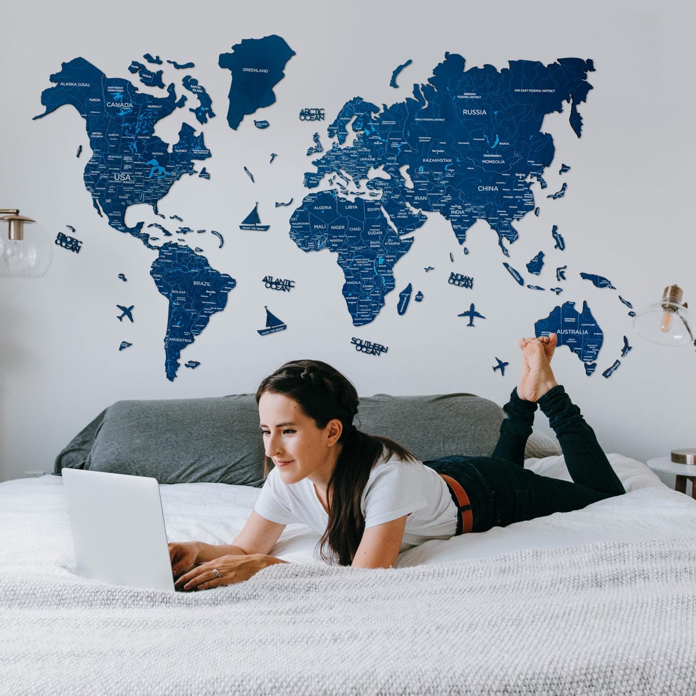Wooden World Map Navy Blue