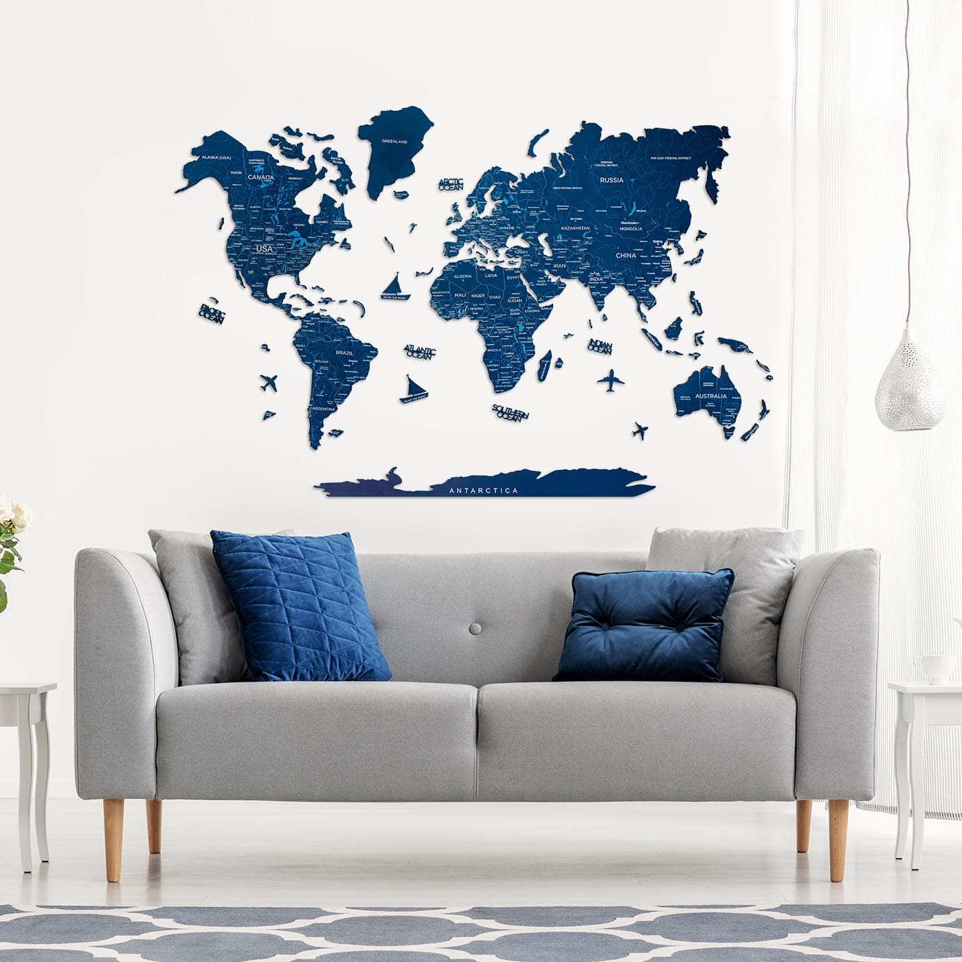 Wooden World Map Navy Blue