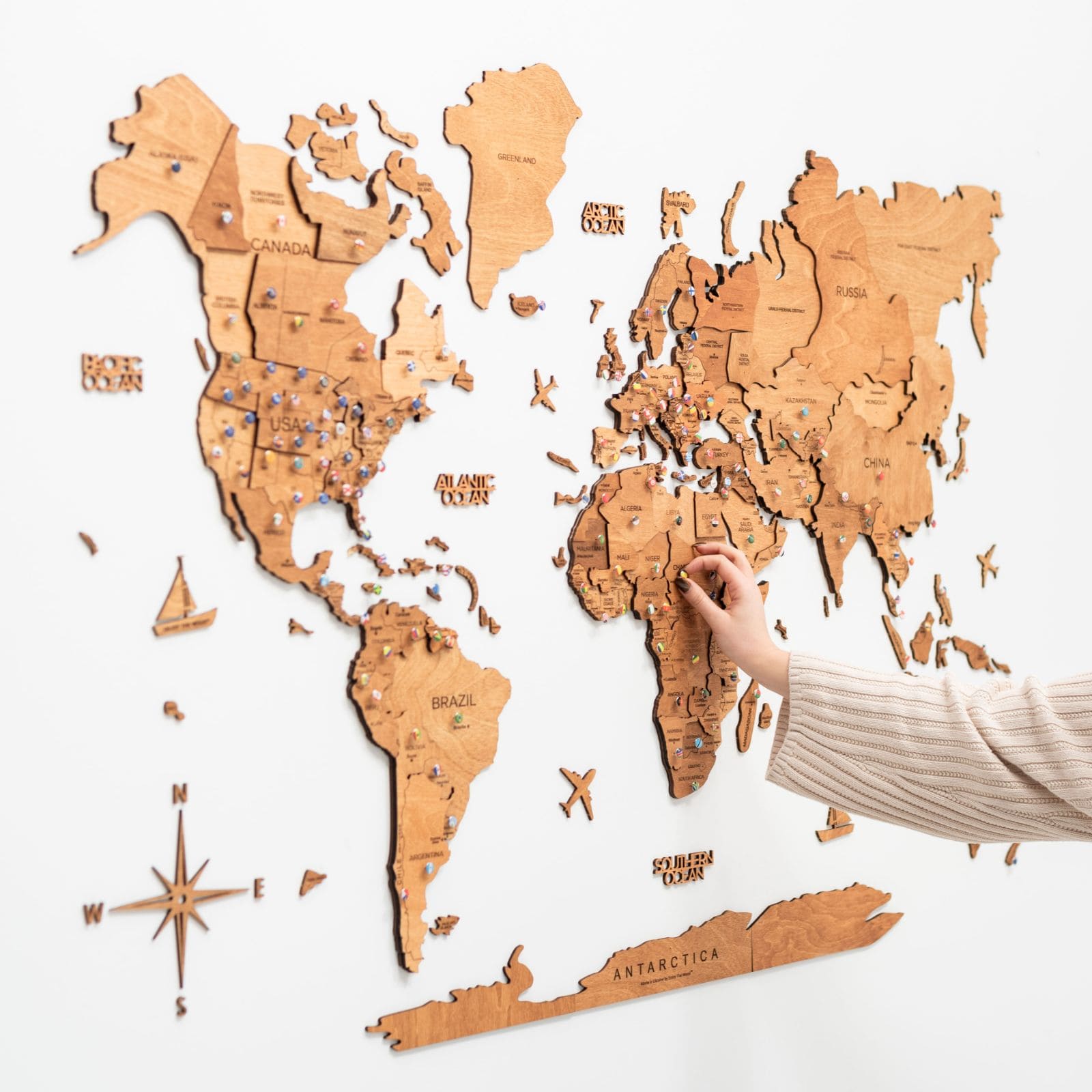 3D Wooden World Map Oak