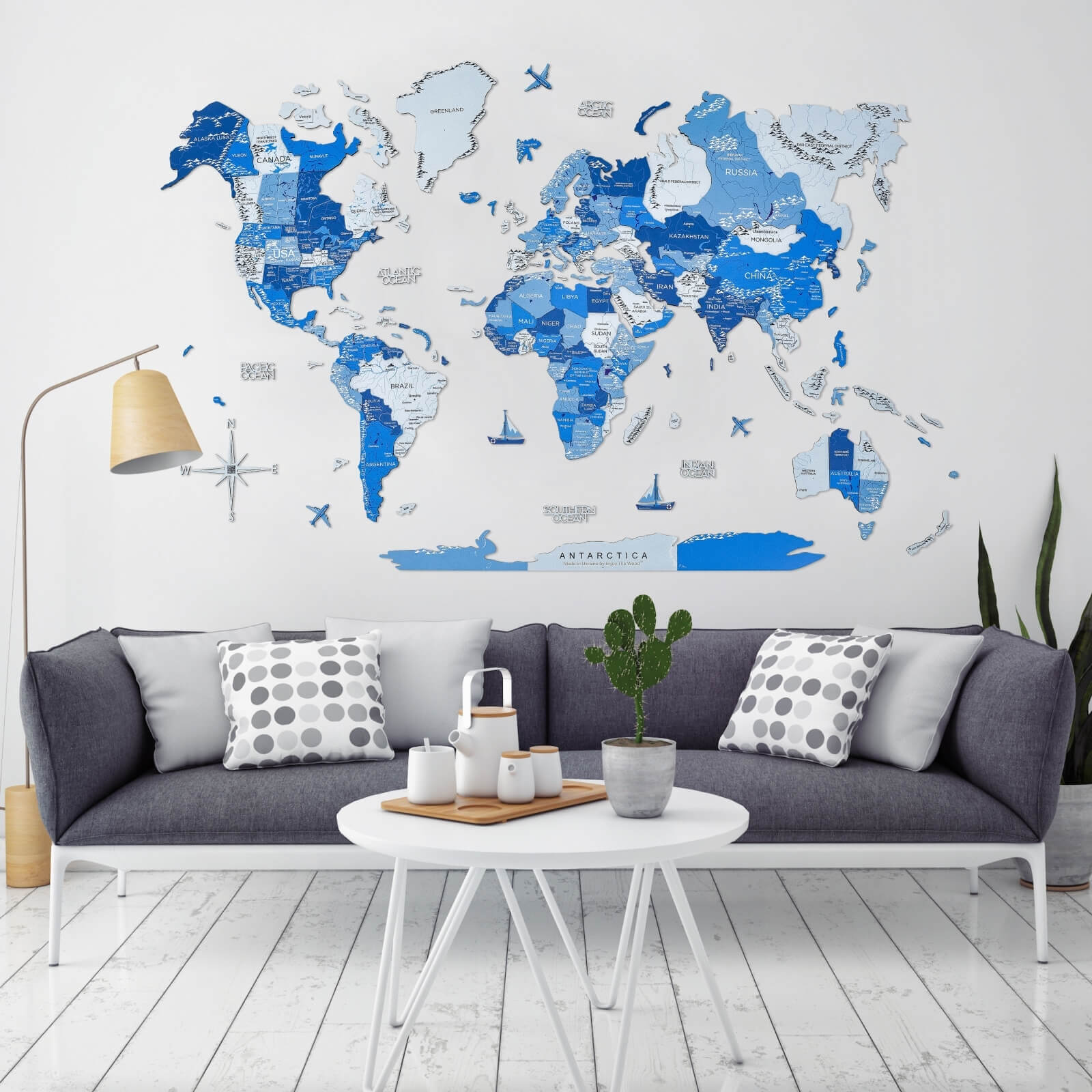 3D Wooden World Map Azure