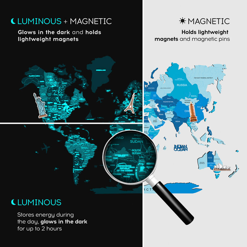 3D Luminous/Magnetic Colored Wooden World Map Azure