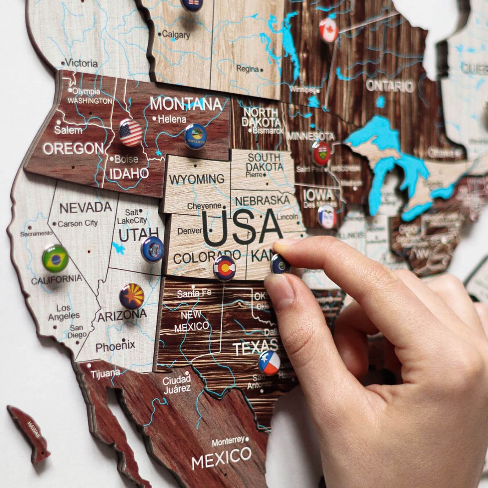 Travel Wall Decor Set: 3D Wooden Colored Map with Flag Pins