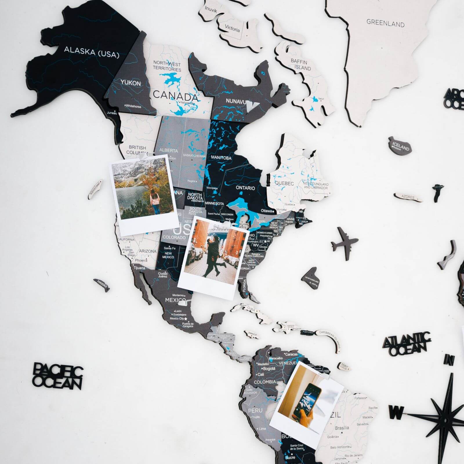 Travel Wall Decor Set: 3D Wooden Colored Map with Flag Pins