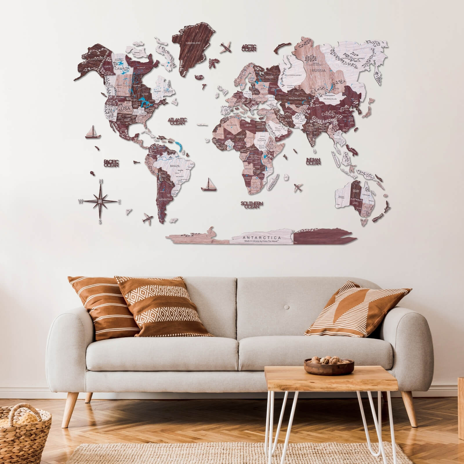 3D Wooden World Map Cappuccino