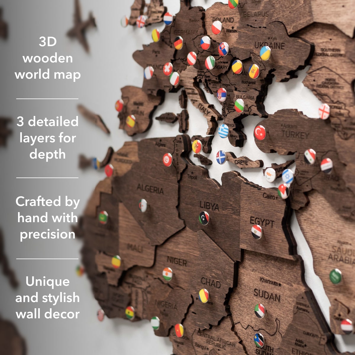 3D Wooden World Map Dark Walnut